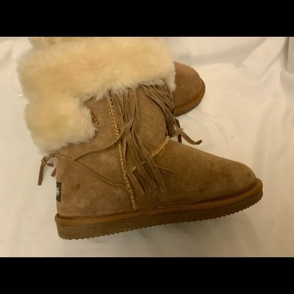 LAM Girls Brown Boots Frill Tassels Faux Fur Size 2 Y Suede Leather Booties